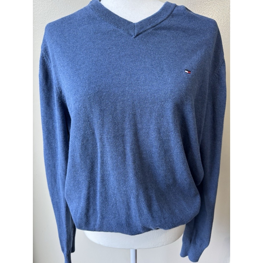 Tommy Hilfiger Men's Navy Blue Pullover Sweater 100% Cotton, V-Neck, Size L